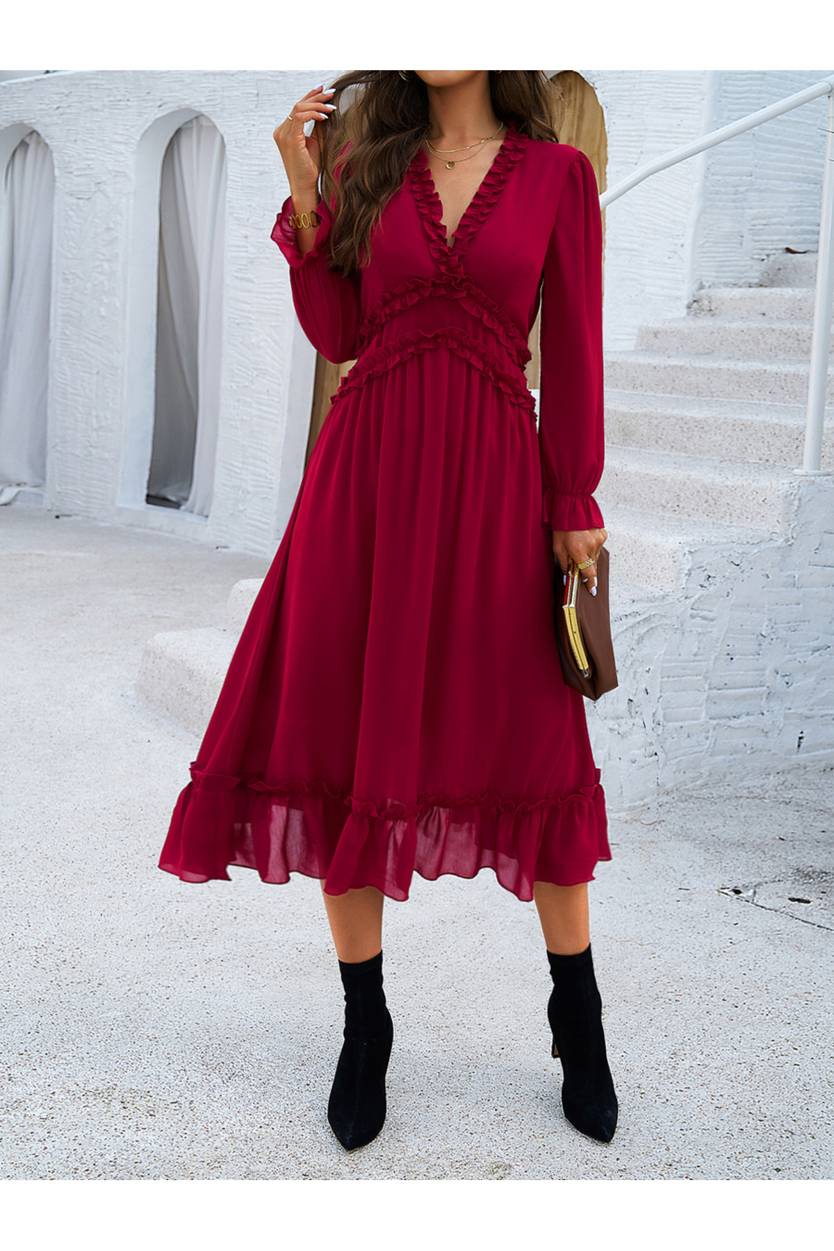 Styli-Flounce Detail Solid V Neck Midi Dress 3