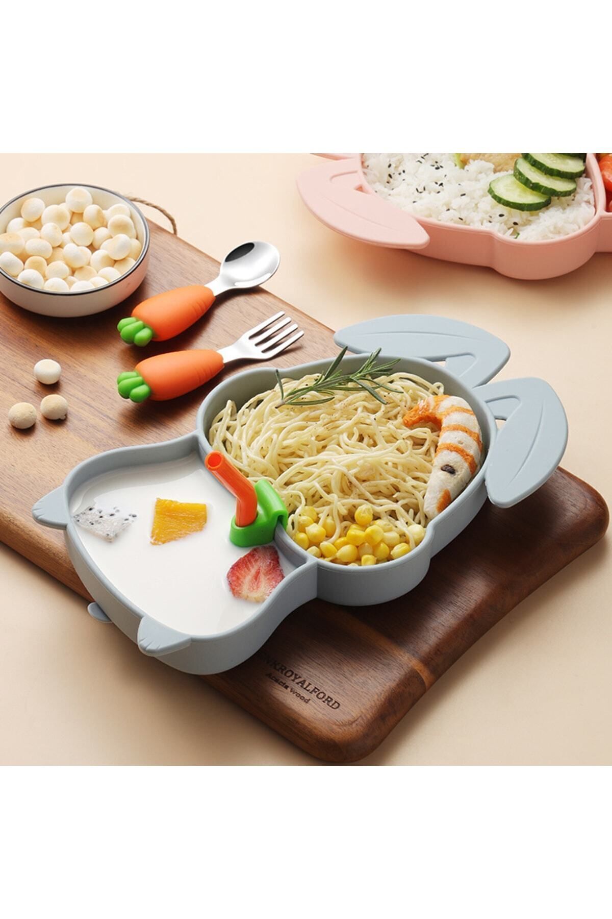 jojobebek Gri Vakumlu Silikon Mama Tabağı, Silikon Saplı Metal Uçlu Çatal Ve Kaşık ( Tavşan Figürlü ) fotoğrafı 5 (önizleme)