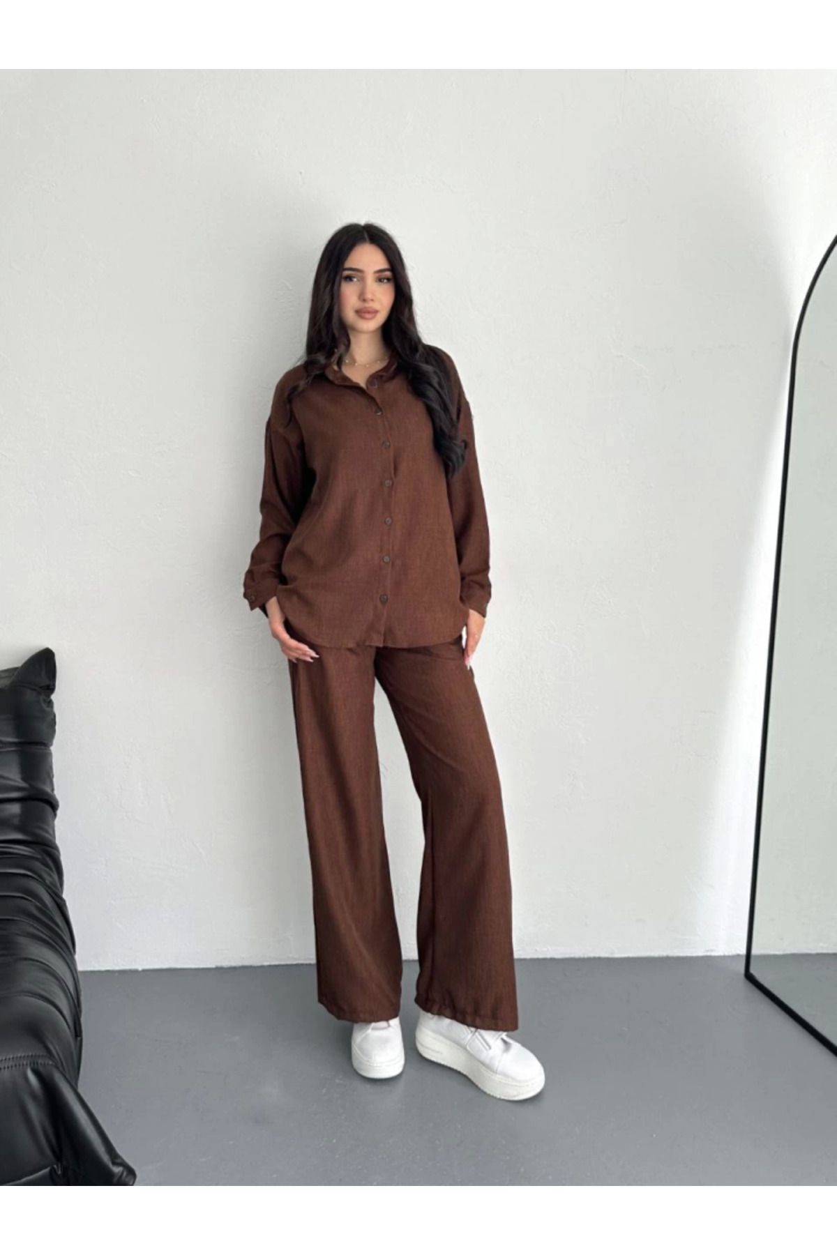 velmorafashion Gömlek Pantolon Ikili Takım - Kahverengi