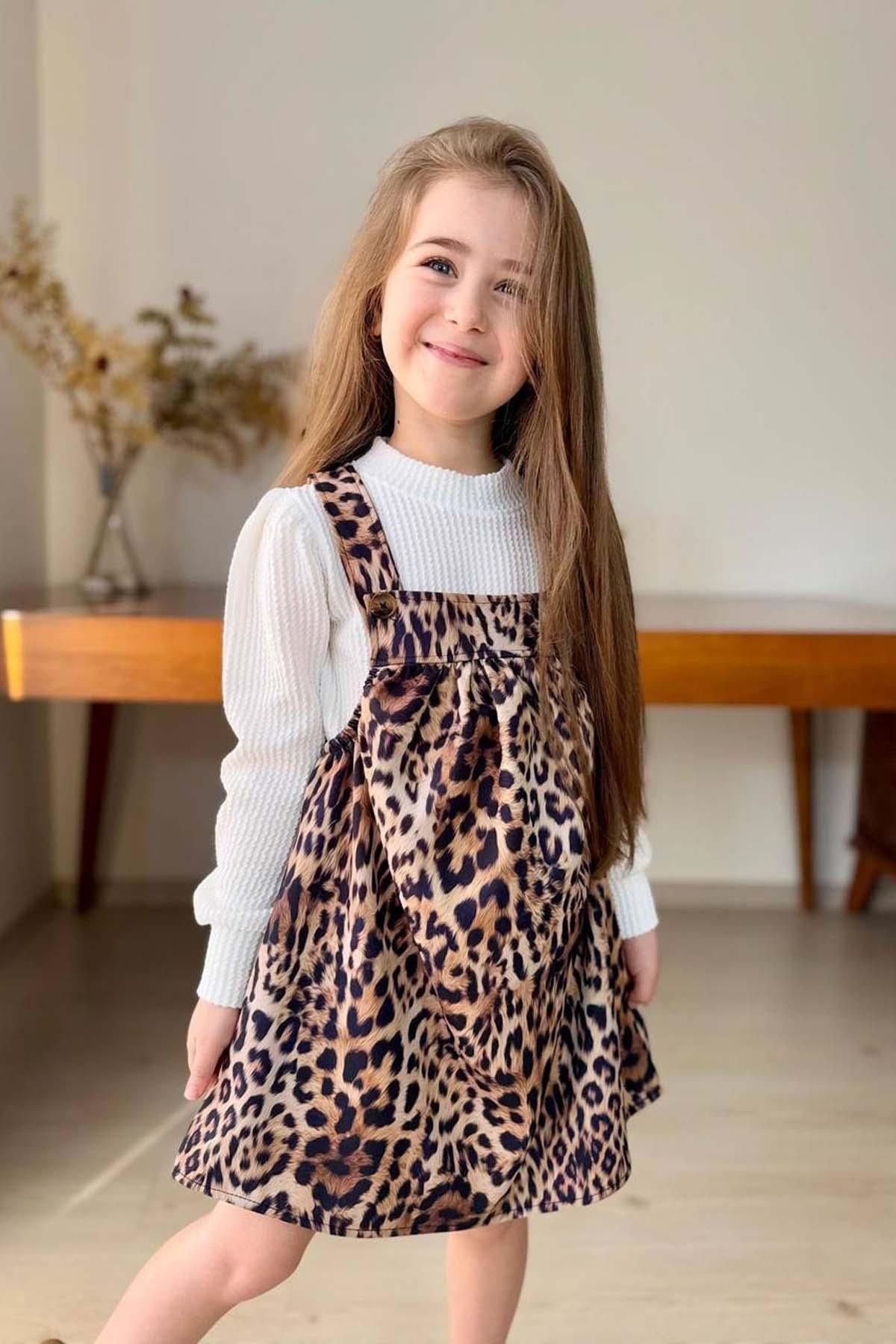 Riccotarz-Girl's Stand-Up Collar Corded Sweater Suspender Leopard Patterned Salopet Set 2