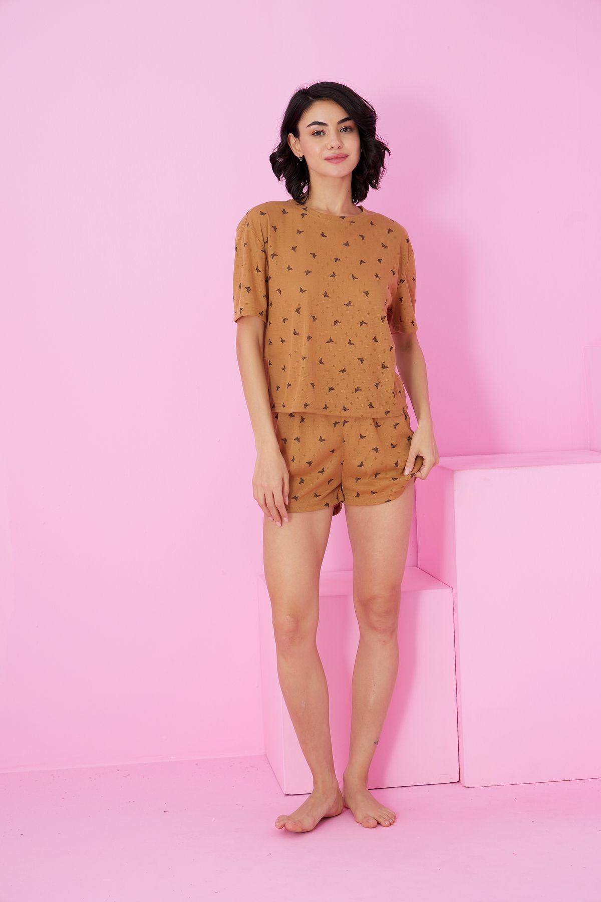 Siyah İnci-Coffee Butterfly Pattern Pointel Openwork/Hole Crew Neck Knitted Shorts Set 2