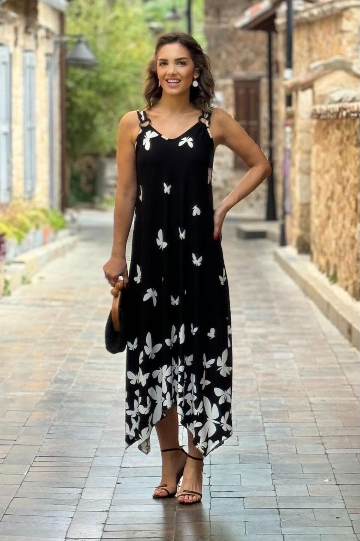 Nevin Kaya Moda-Rochie neagră din bumbac cu curea cu cataramă cu modele de fluturi 2