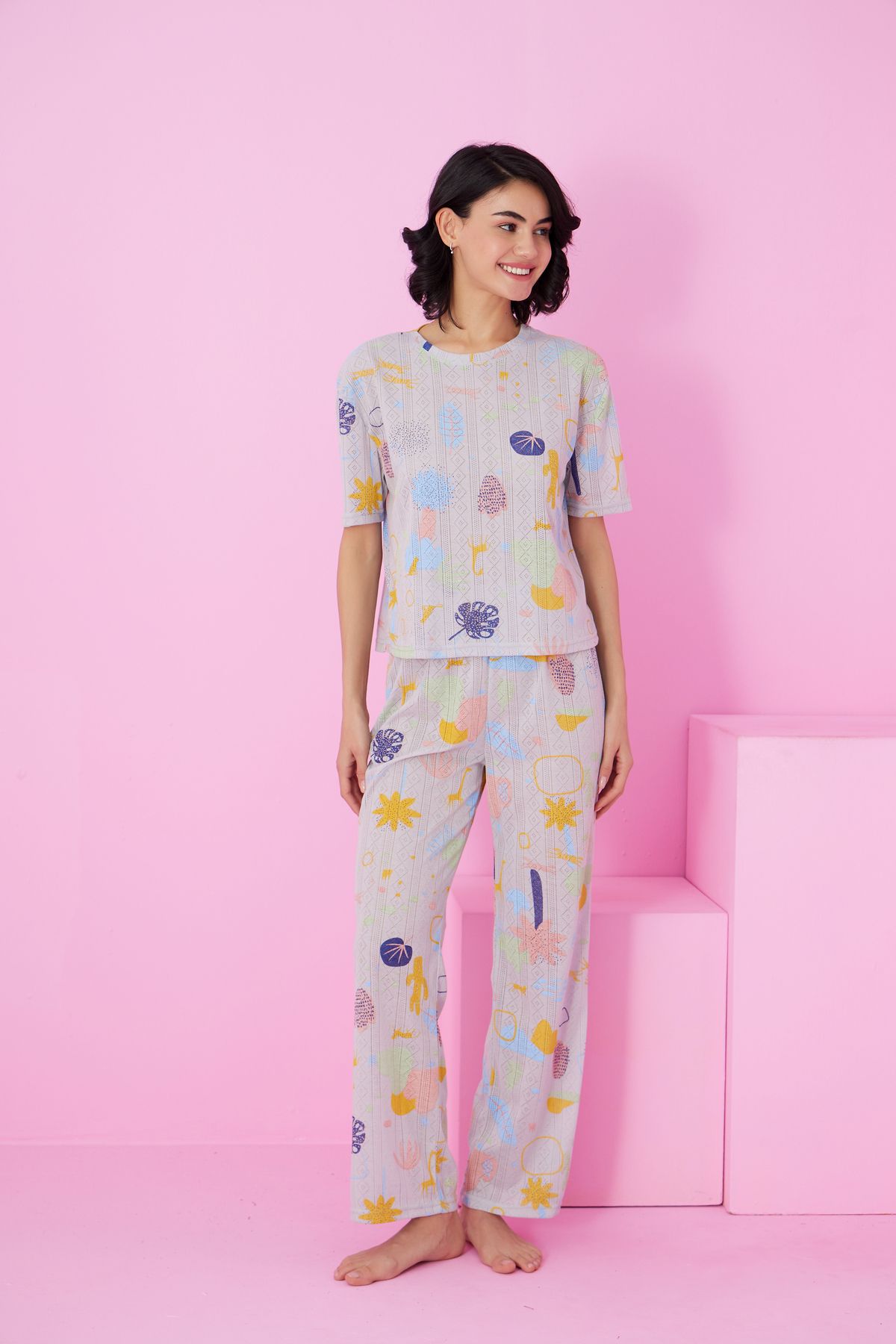 Siyah İnci-Costum de pijama tricotat cu decolteu rotund Pointel cu model de culoare gri 2