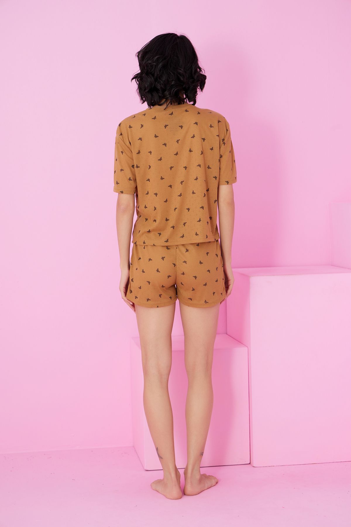 Siyah İnci-Coffee Butterfly Pattern Pointel Openwork/Hole Crew Neck Knitted Shorts Set 3