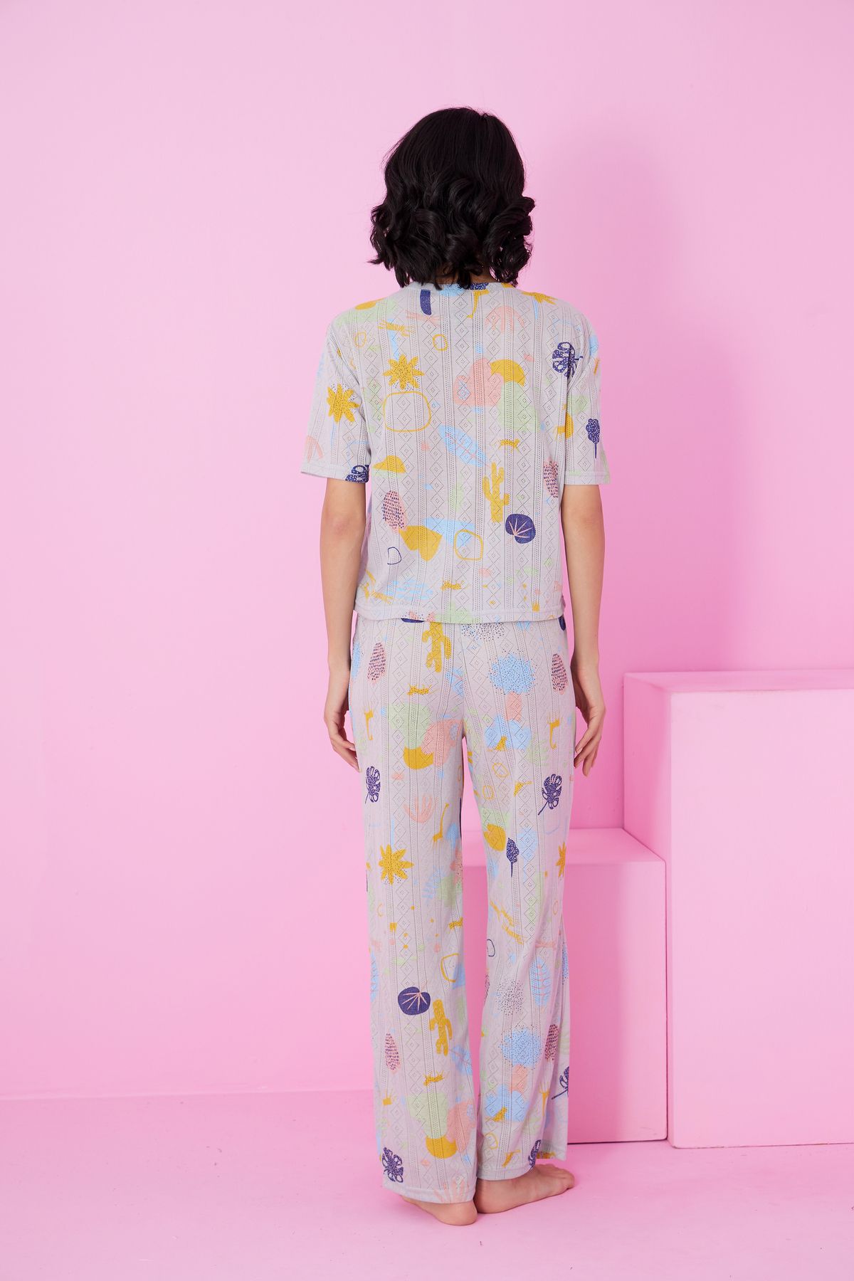 Siyah İnci-Costum de pijama tricotat cu decolteu rotund Pointel cu model de culoare gri 3