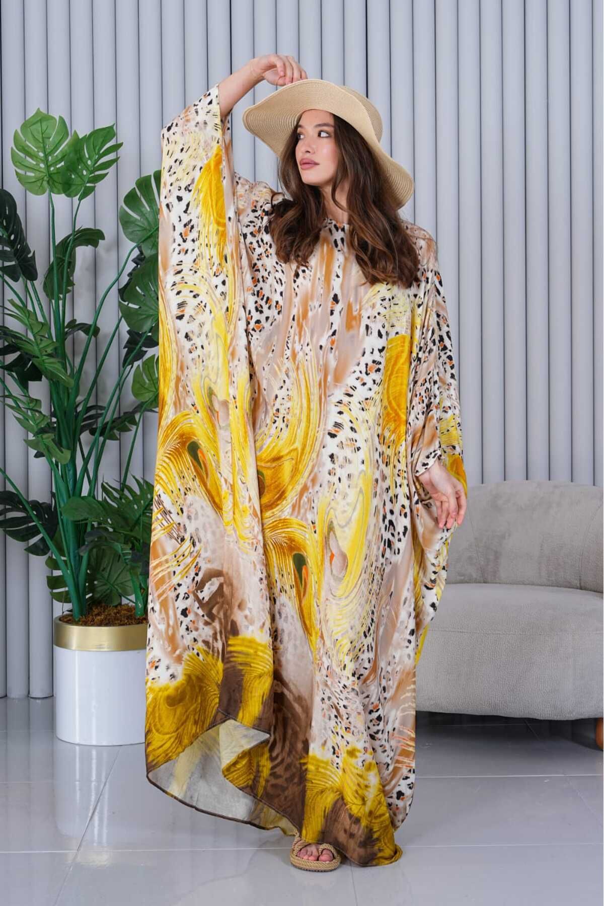 My Blog-Yellow Patterned Large Size Viscose Dress - 4010 4