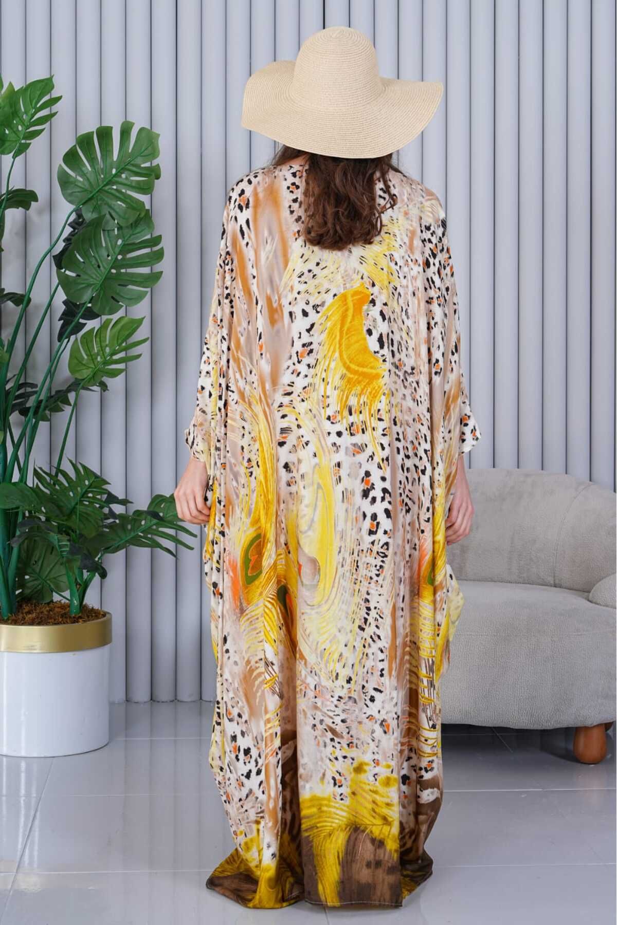 My Blog-Yellow Patterned Large Size Viscose Dress - 4010 7