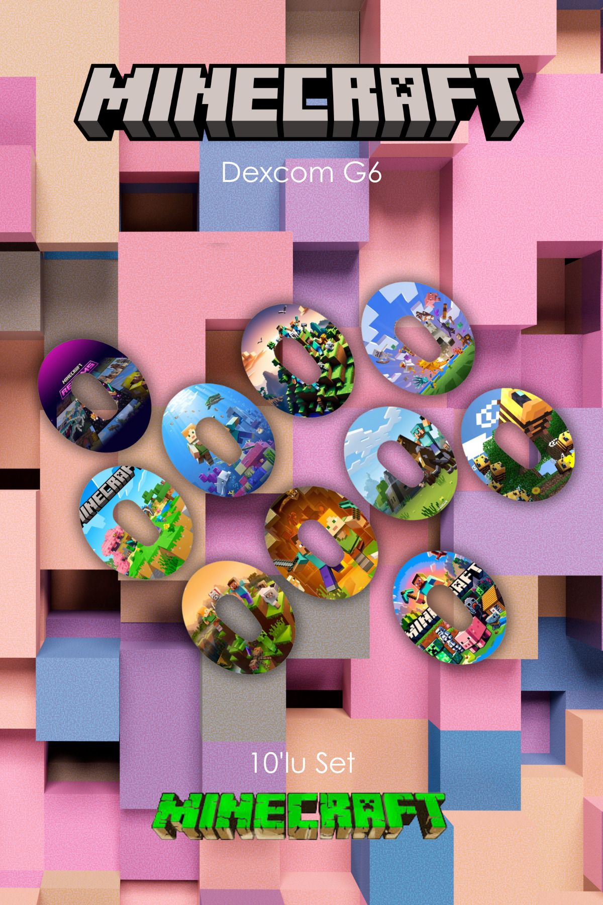 StickIT Dexcom G6 Sensör Koruyucu Bant Minecraft Serisi 10'lu Paket