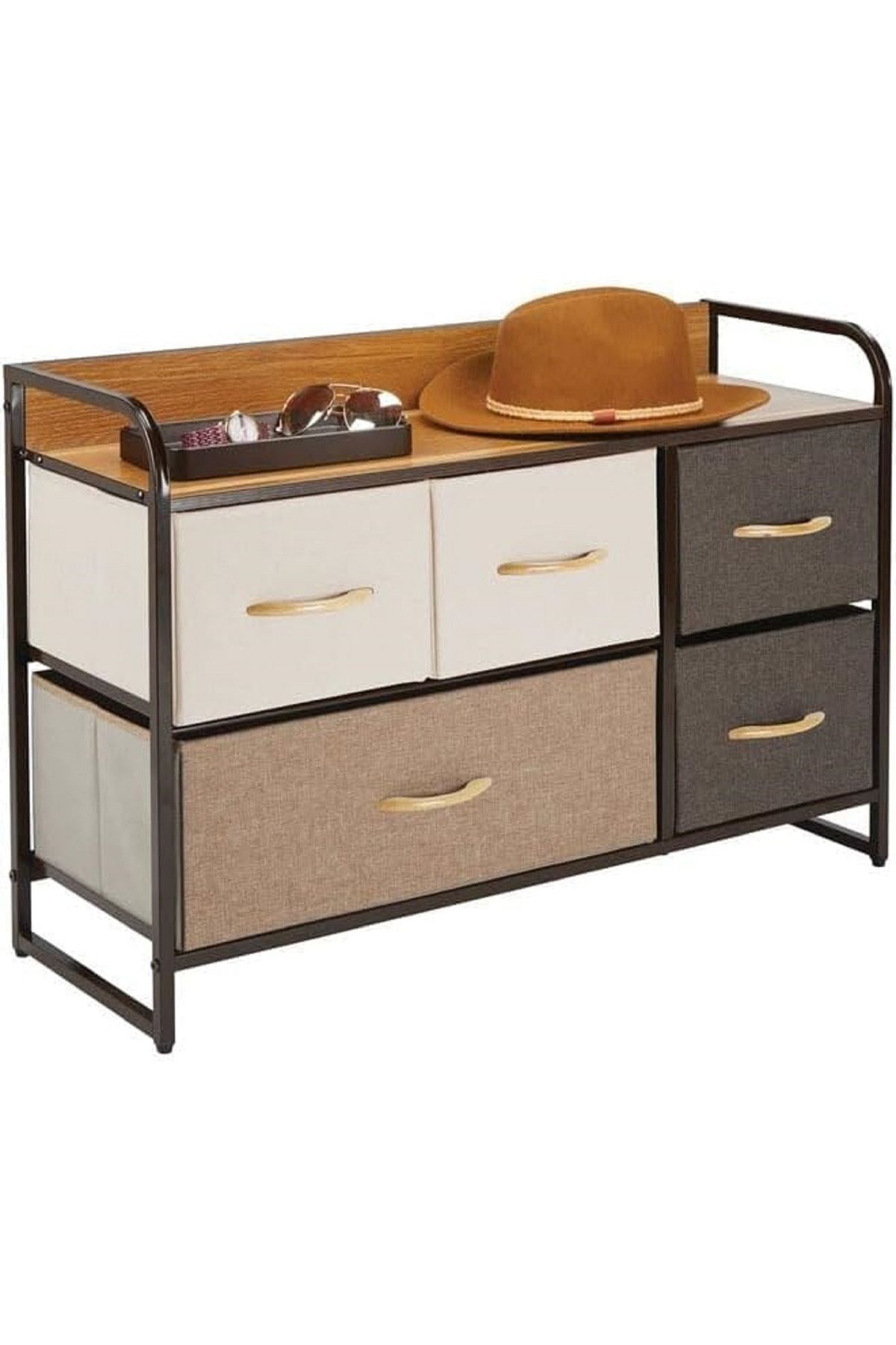 Extra-Storage shelves with 4 easy-pull fabric drawers and a wooden table top in an elegant, attractive and modern design. 4