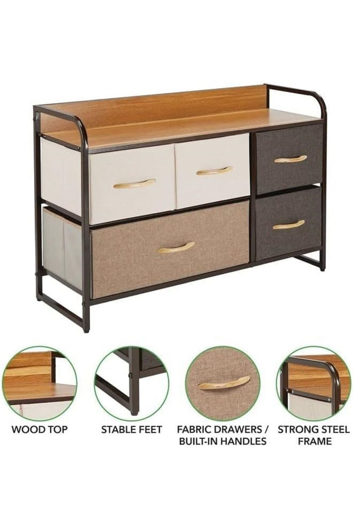 Extra-Storage shelves with 4 easy-pull fabric drawers and a wooden table top in an elegant, attractive and modern design. 3
