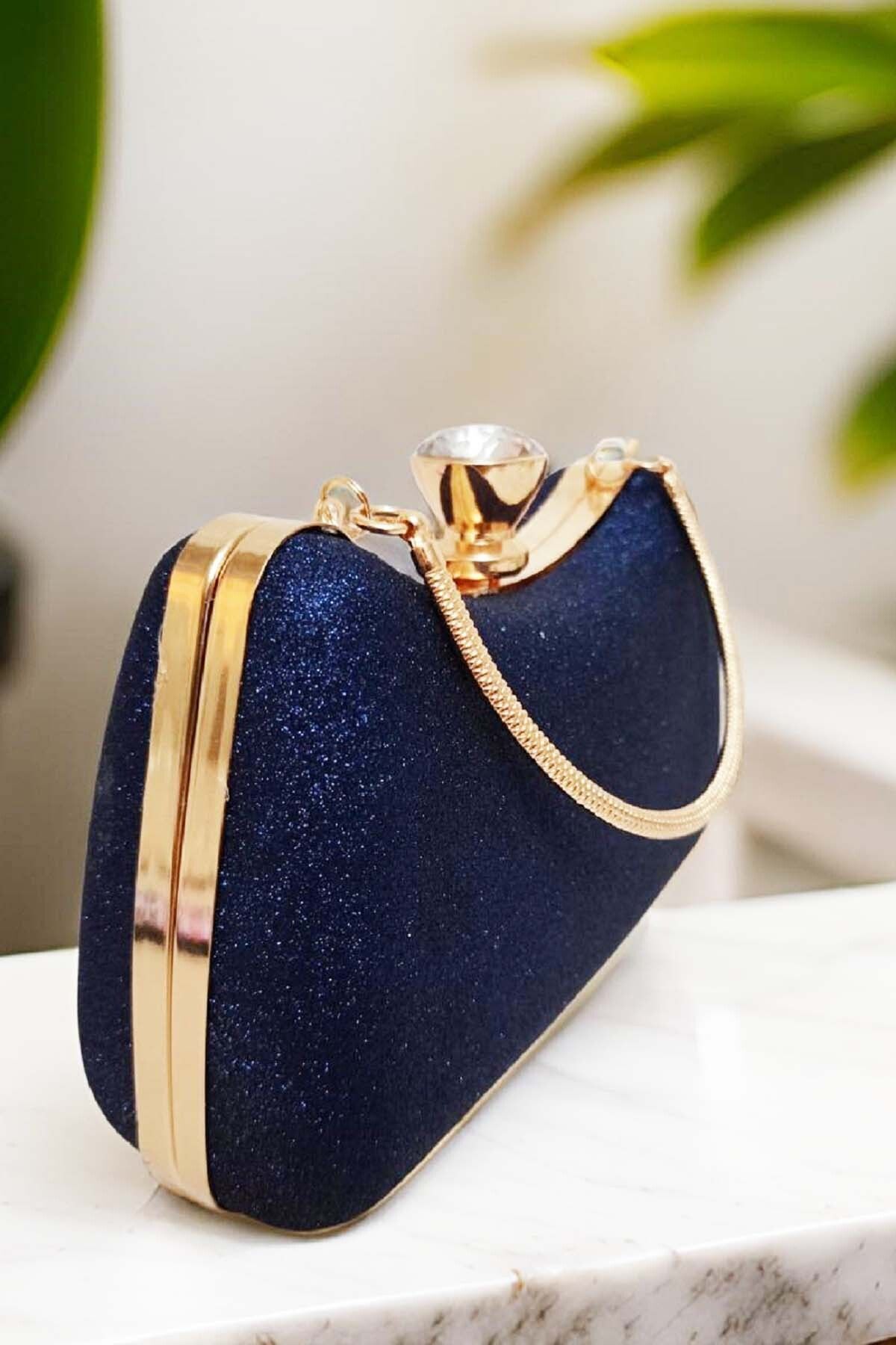 ZEYYMODA Kadın Saks Mavi Simli Abiye Çanta Kolçaklı Özel Kit Açma