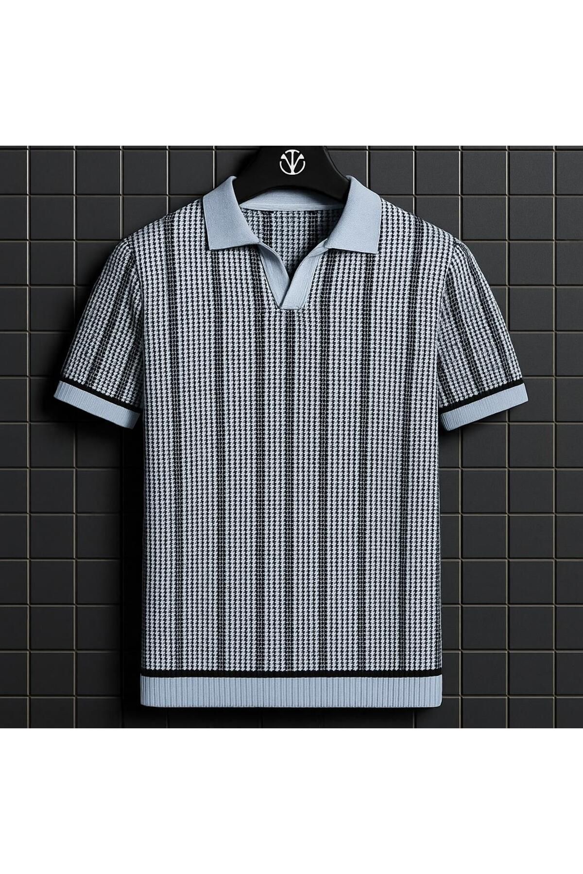 LUPERCUS Erkek Örgü Polo Yaka T-Shirt - Siyah Beyaz Çizgili