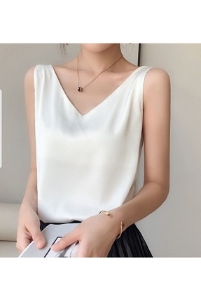Dien Saten Bluz V Yaka Kalın Askılı