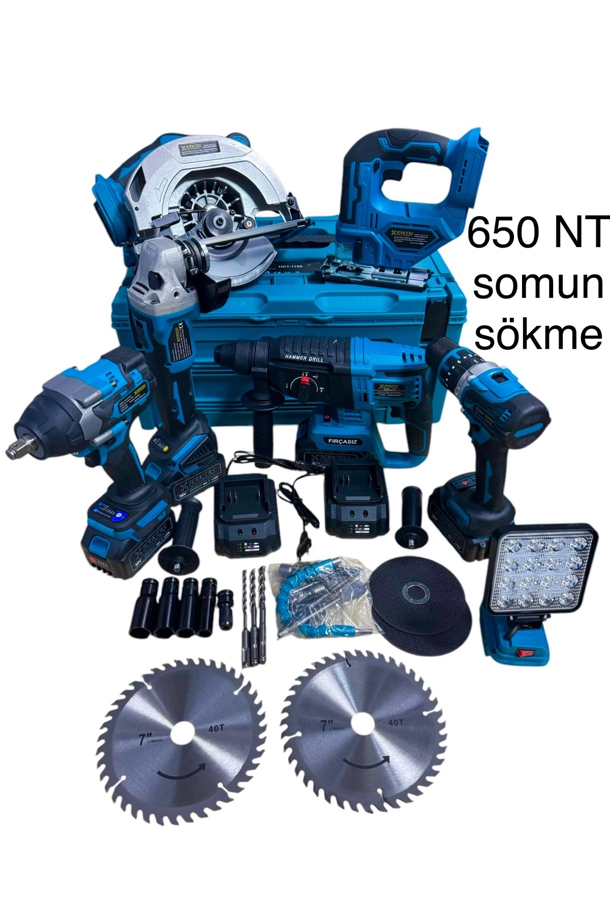 haktaş 7 li set şarjlı matkap + hilti + somun sökme + Spral + Dekopaj + sunta kesme + Led lamba