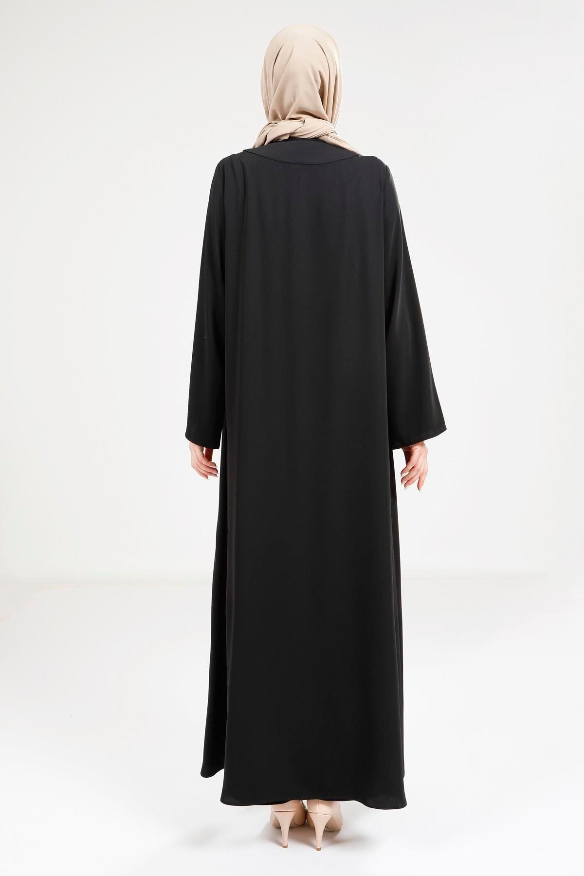 مانتو و عبای پوشیده زنانه مروارید مفصل سیاه ABAYA 9268 Beyza