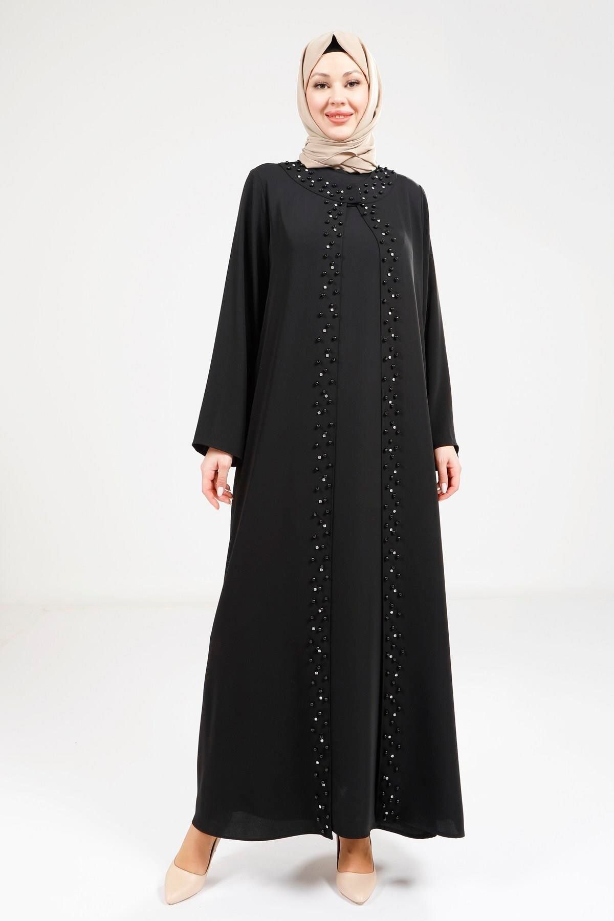 مانتو و عبای پوشیده زنانه مروارید مفصل سیاه ABAYA 9268 Beyza