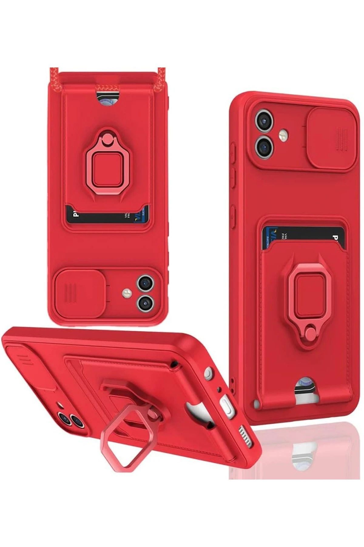 cepmoda SAMSUNG GALAXY A06 – Askı İpli Telefon Kılıfı – Kartlık, Stand, Kamera Koruma – KIRMIZI