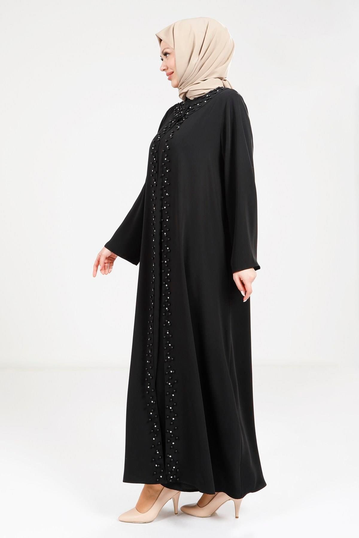 مانتو و عبای پوشیده زنانه مروارید مفصل سیاه ABAYA 9268 Beyza