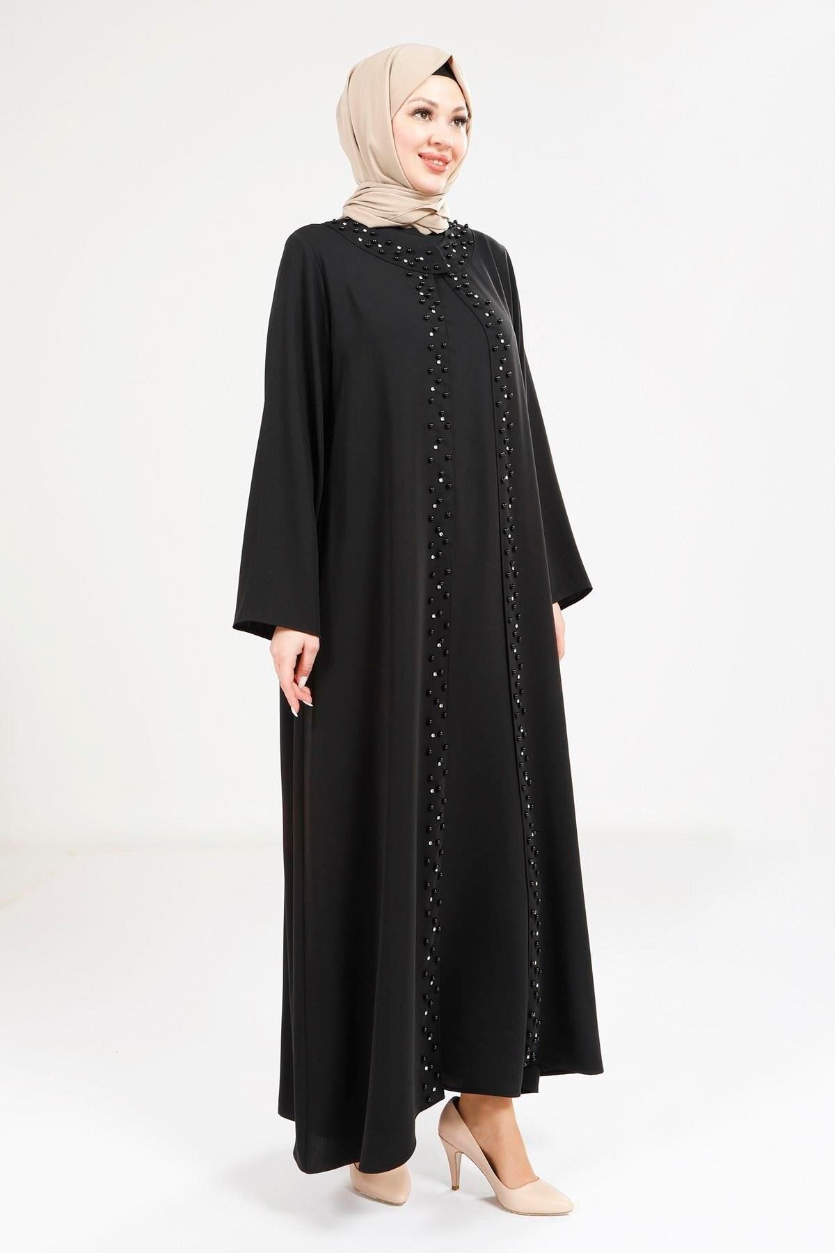 مانتو و عبای پوشیده زنانه مروارید مفصل سیاه ABAYA 9268 Beyza