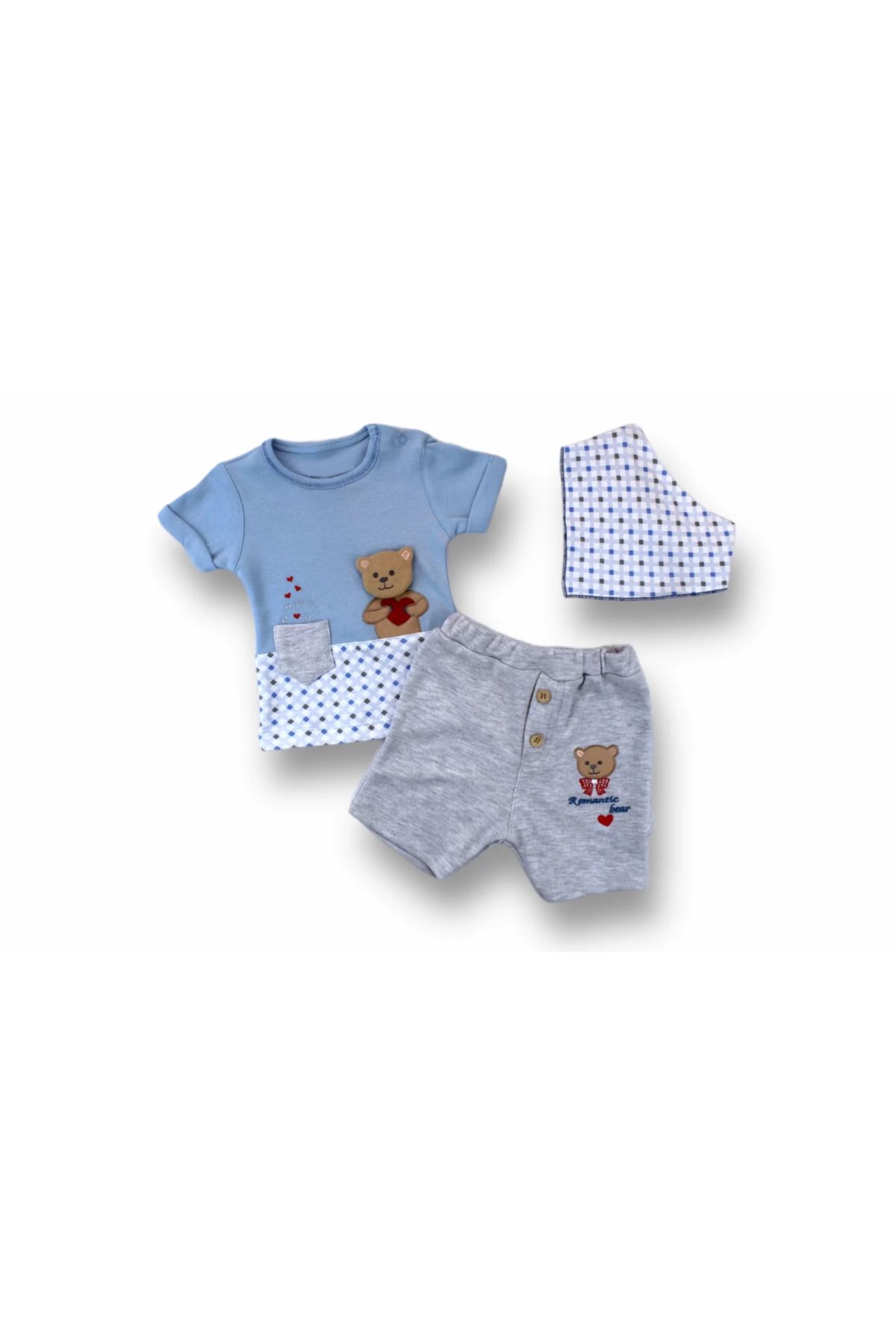 Shop58 Romantik Ayıcık Nakışlı Bandajlı Kısa Kollu Sweatli 3lü Kız-erkek Bebek Takımı Mavi