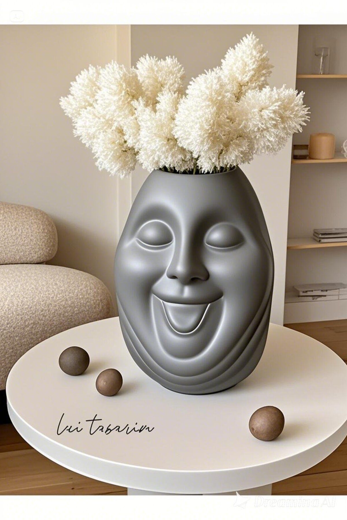 Lui Tasarım-Nordic Style Bohemian Cute Face Large Size Decorative Dark Mink Gray Color Ceramic XL Vase 23cm 3