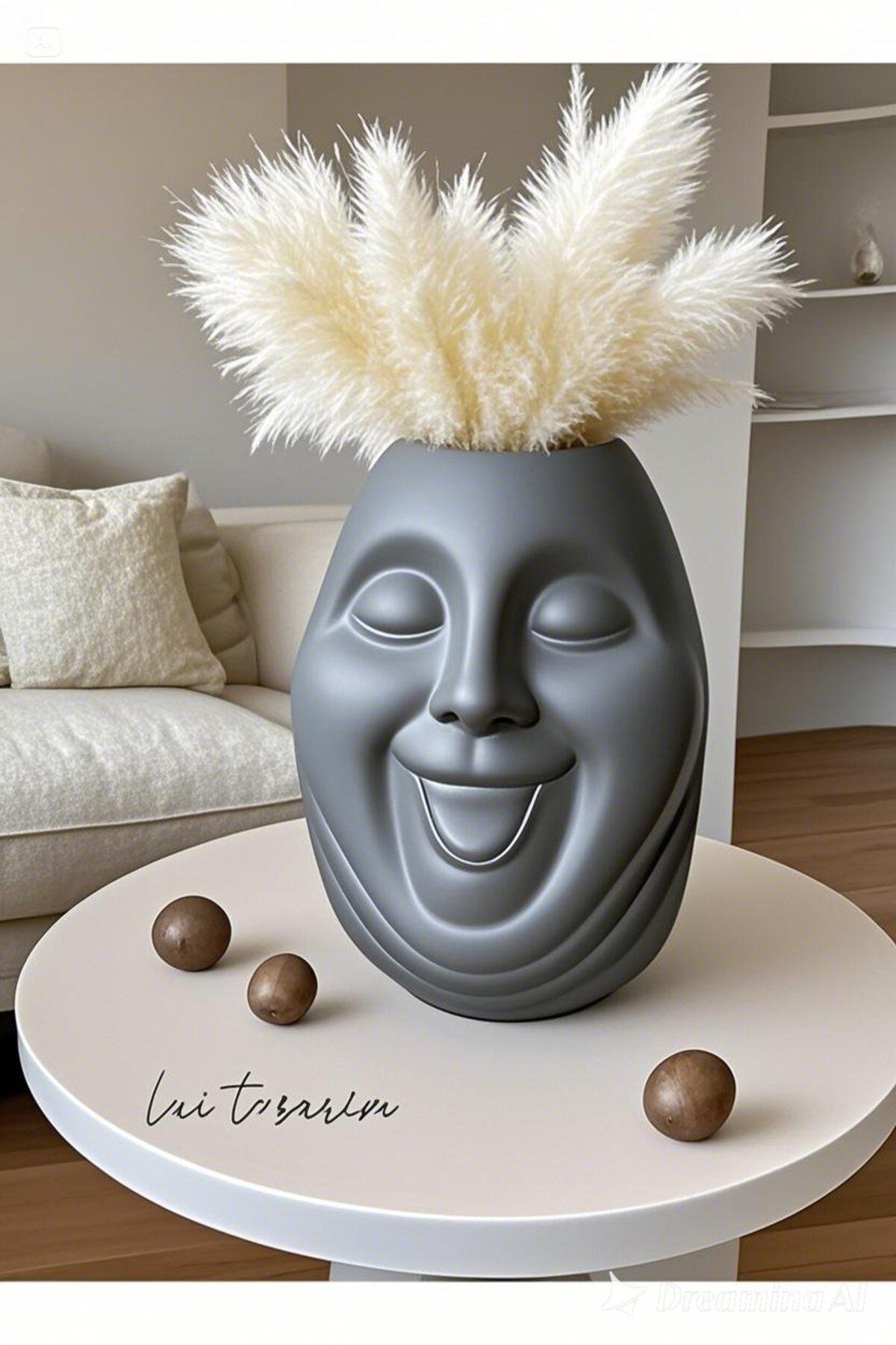Lui Tasarım-Nordic Style Bohemian Cute Face Large Size Decorative Dark Mink Gray Color Ceramic XL Vase 23cm 2