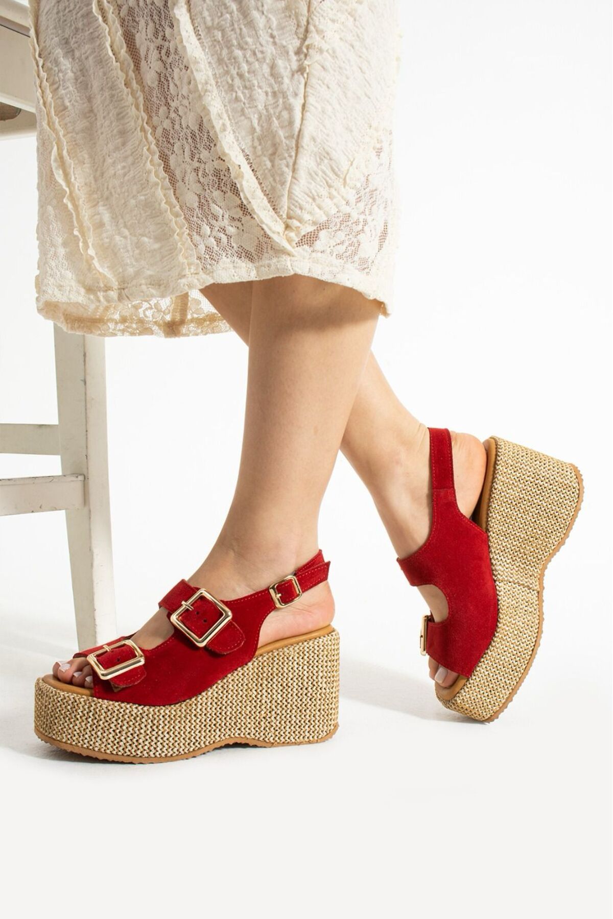 CICIKIZ-Suede Leather Wedge Sole Buckle Women's Summer Sandals 5