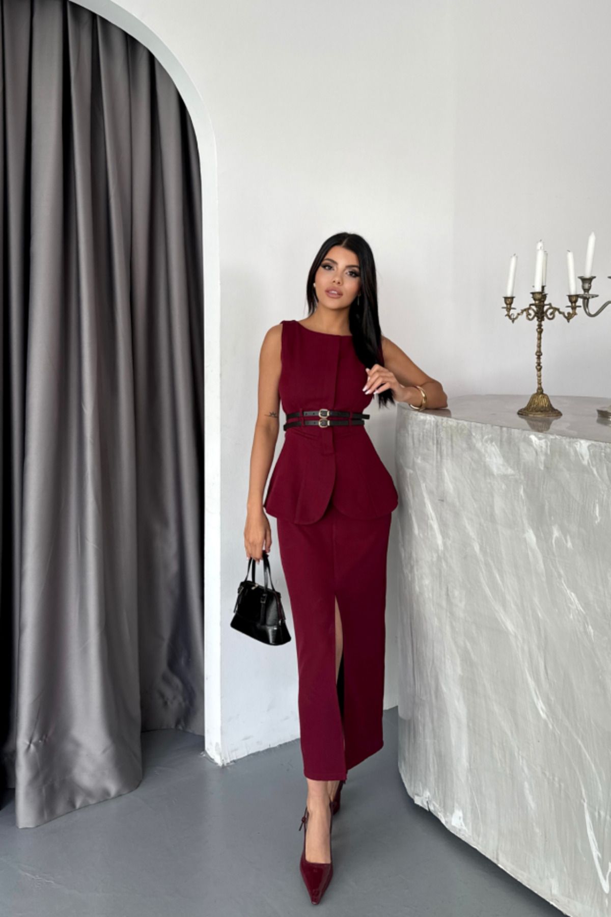 velmorafashion CEKET-ETEK GÖRÜNÜMLÜ ELBİSEÇİFT KEMER DETAYLI - Bordo