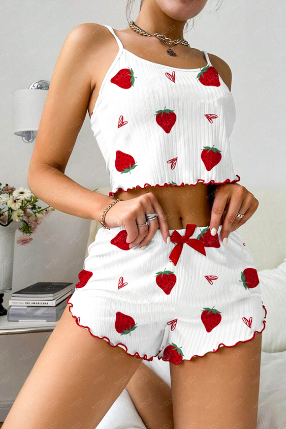 Sofya Passion-Women's Shorts Set with Suspenders, Strawberry Print Nightwear Pajama Set 3