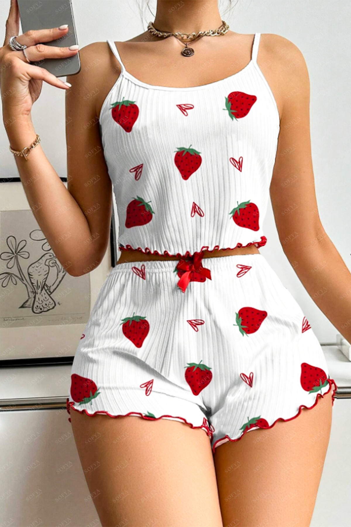 Sofya Passion-Women's Shorts Set with Suspenders, Strawberry Print Nightwear Pajama Set 5
