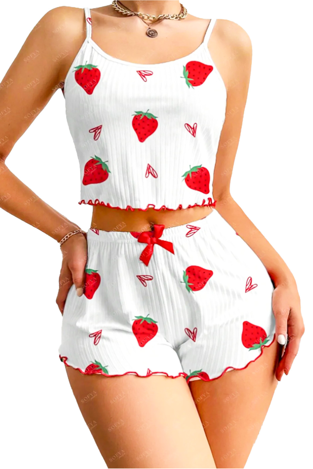 Sofya Passion-Women's Shorts Set with Suspenders, Strawberry Print Nightwear Pajama Set 1