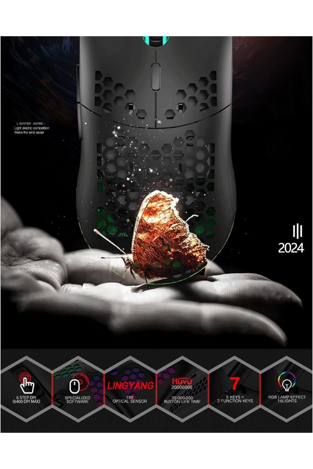 AOMIGE-Ultralight Honeycomb Gaming Mouse, High-Precision 12800DPI Optical Sensor, 6 Programmable Buttons, 7