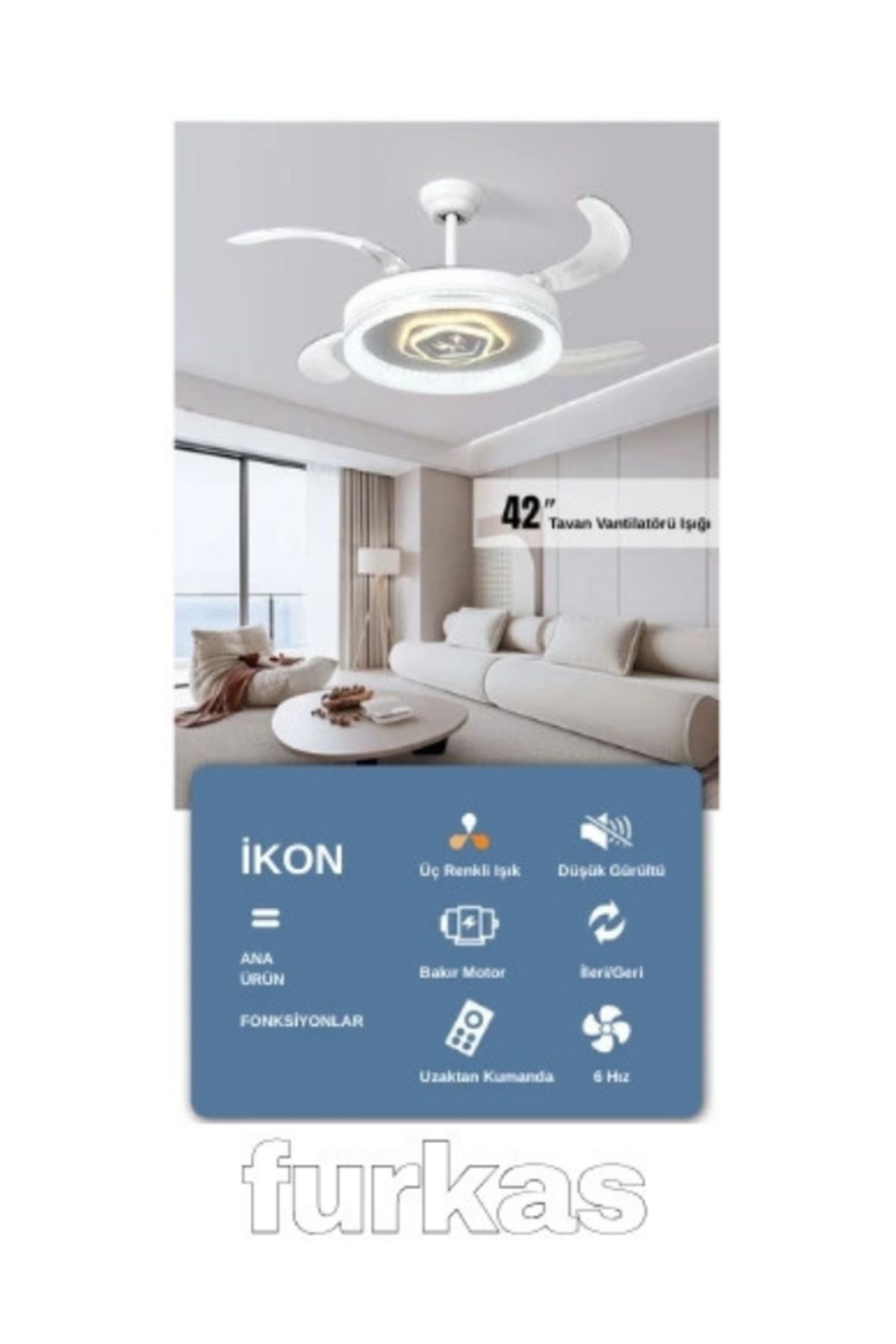 furkas Akıllı Tavan Vantilatörü 4 Kanatlı Pervaneli Avize Işıklı Tavan Pervanesi 36W LED