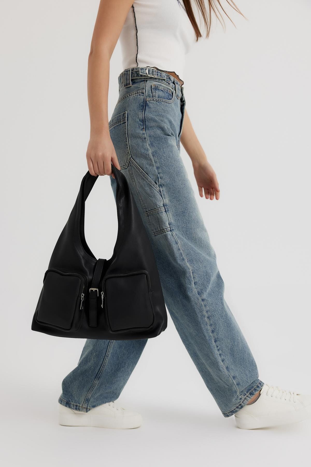 Shule Bags-Estrada Black Shoulder Bag with Pockets 2