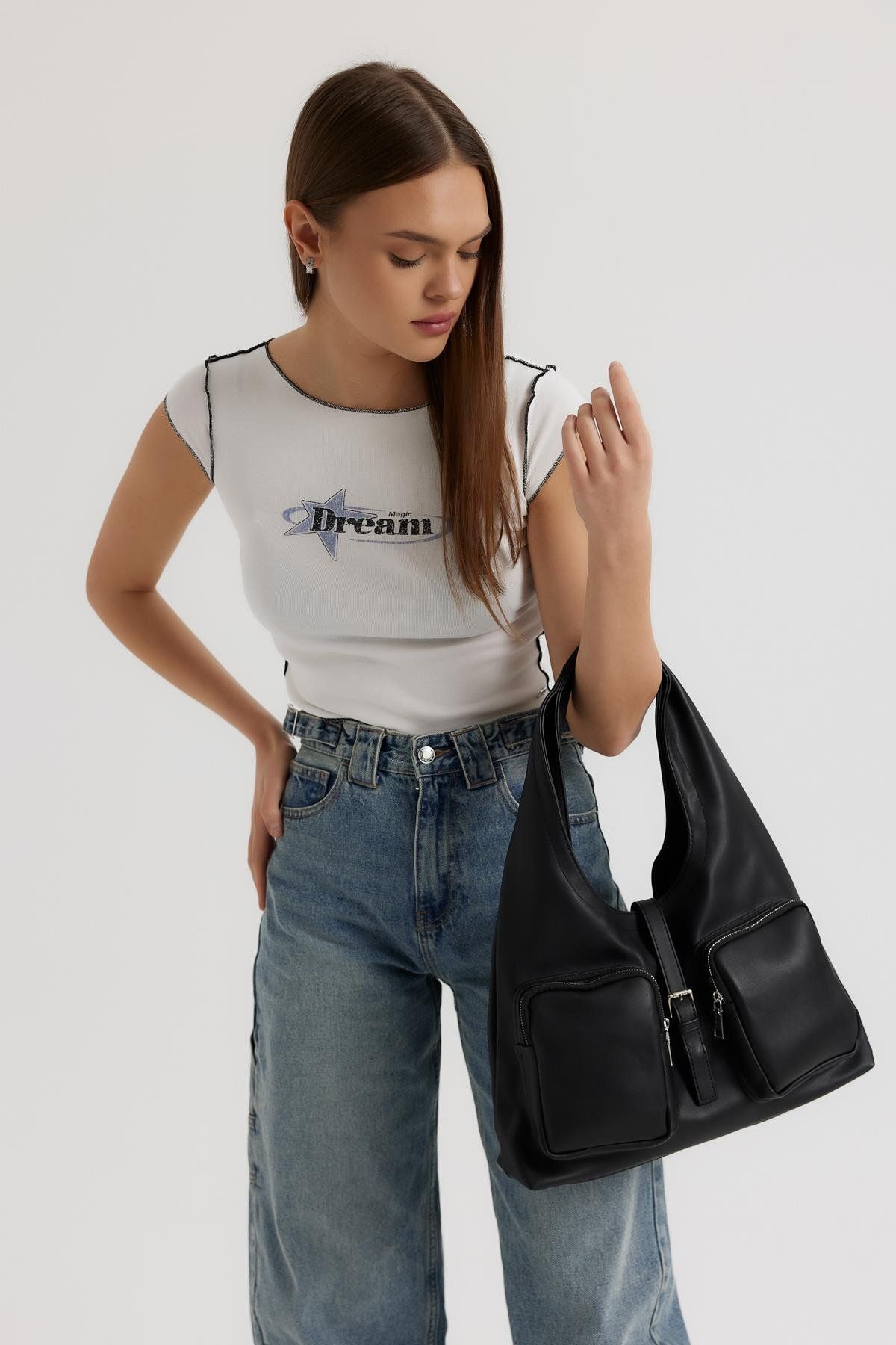 Shule Bags-Estrada Black Shoulder Bag with Pockets 5