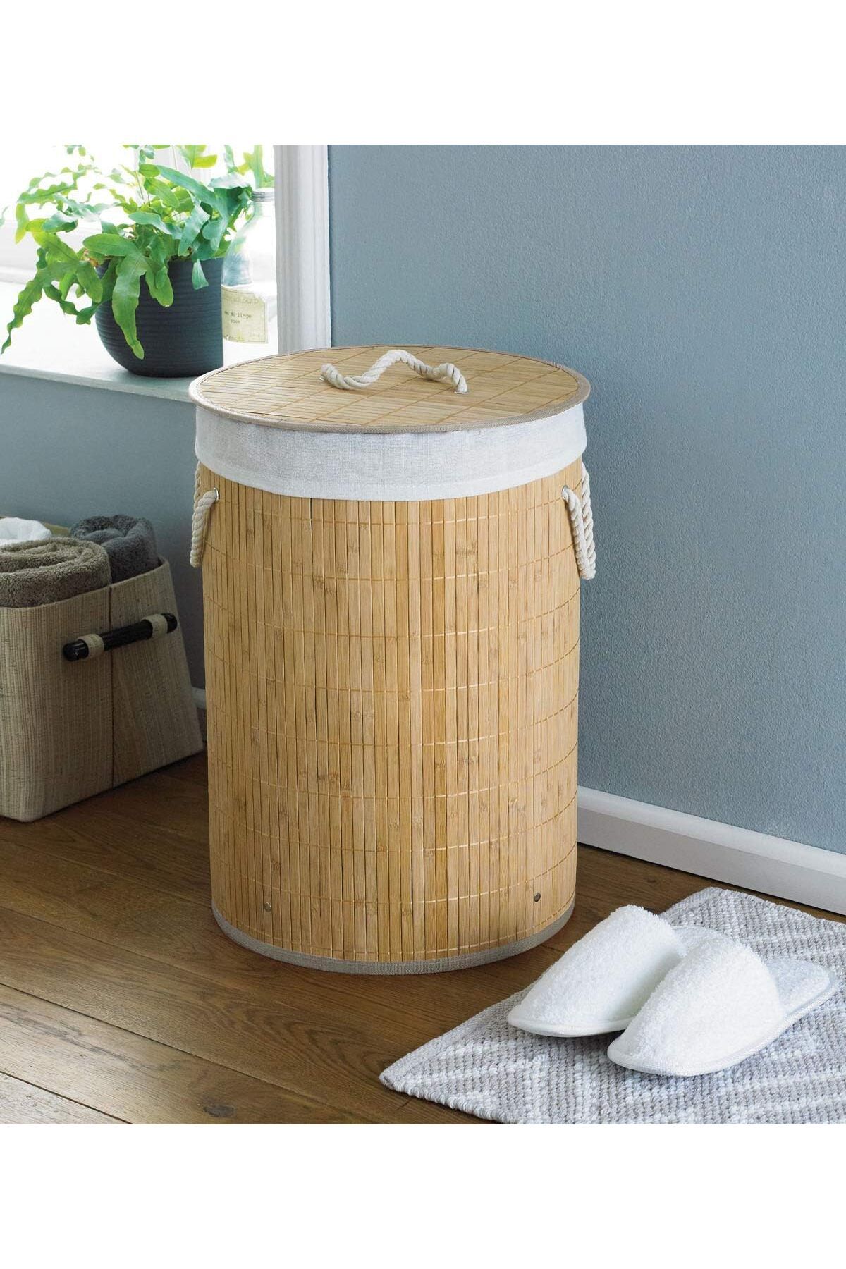 Allproduct DecoHandy Yuvarlak Bambu Kirli Sepeti