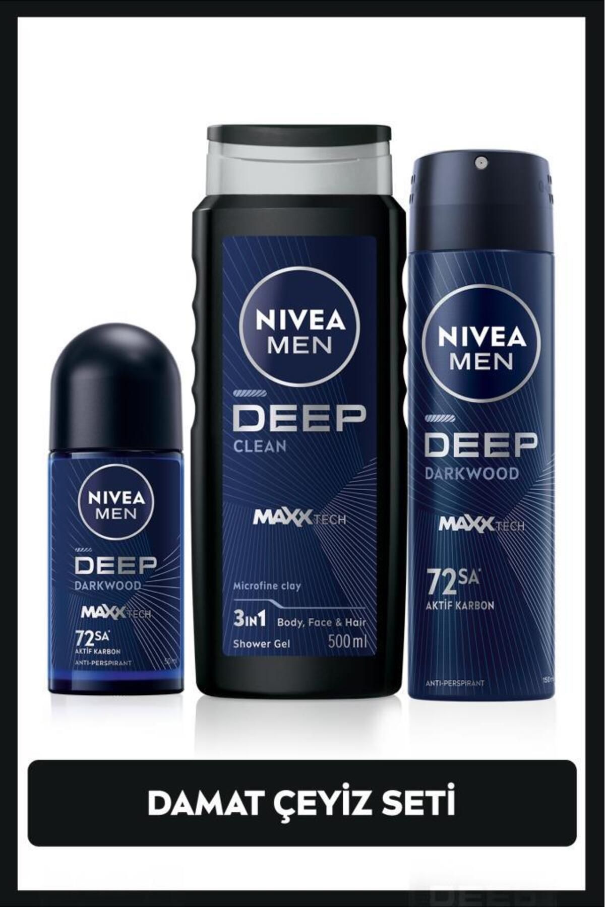 NIVEA Men Erkek Damat Çeyiz Bohça Seti Deep Dimension, Duş Jeli 500ml, Sprey Deodorant 150ml, Roll-on 50ml
