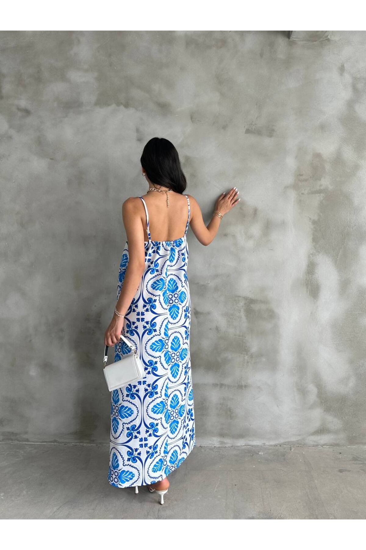 LE CARAMBOLE-Women's Blue Patterned Strappy Summer Dress 2