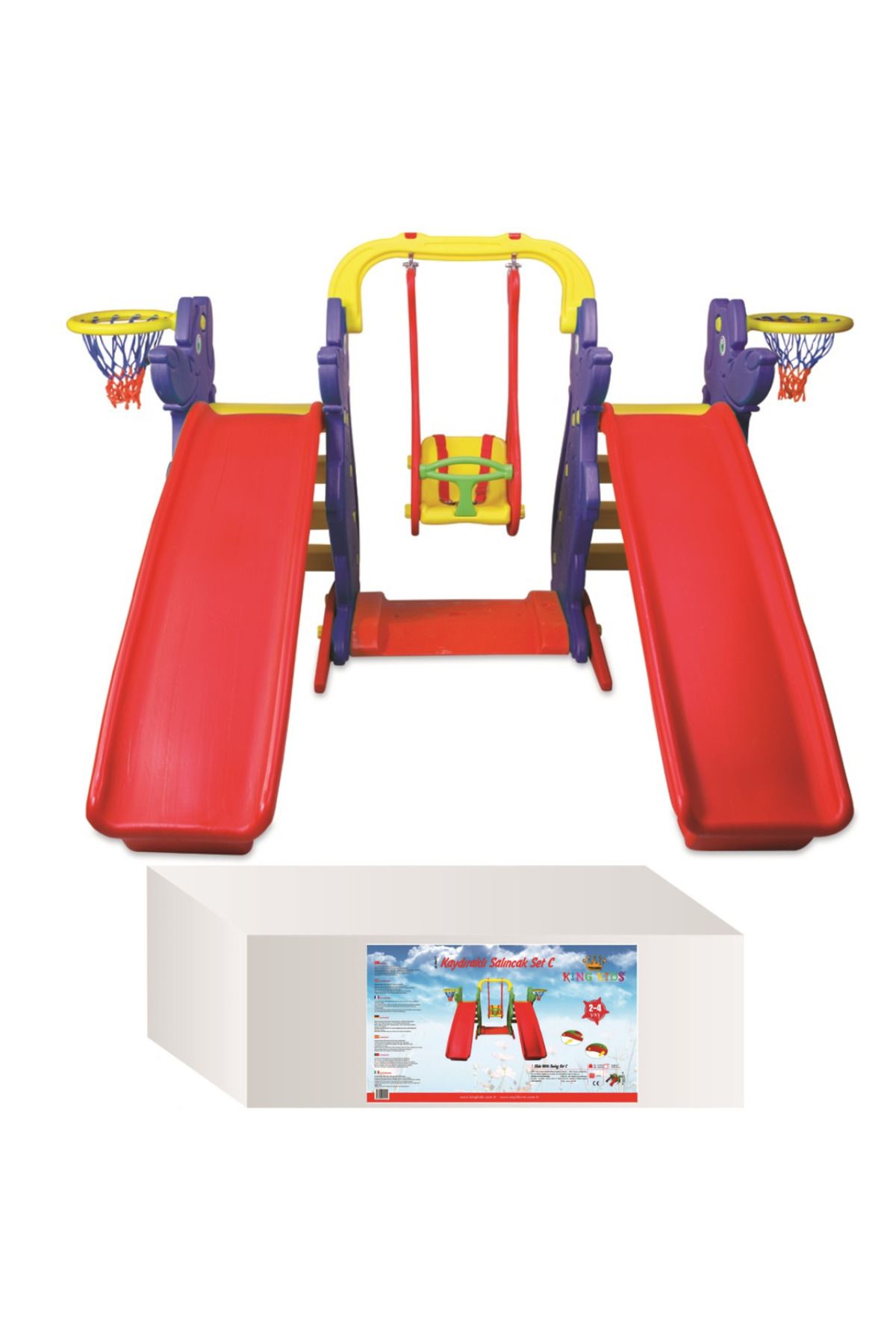 MUPARK Çift Kaydıraklı Salıncaklı Çocuk Oyun Parkı 2 Kaydırak + 1 Salıncak Anaokulu & Kreş Bahçe Seti