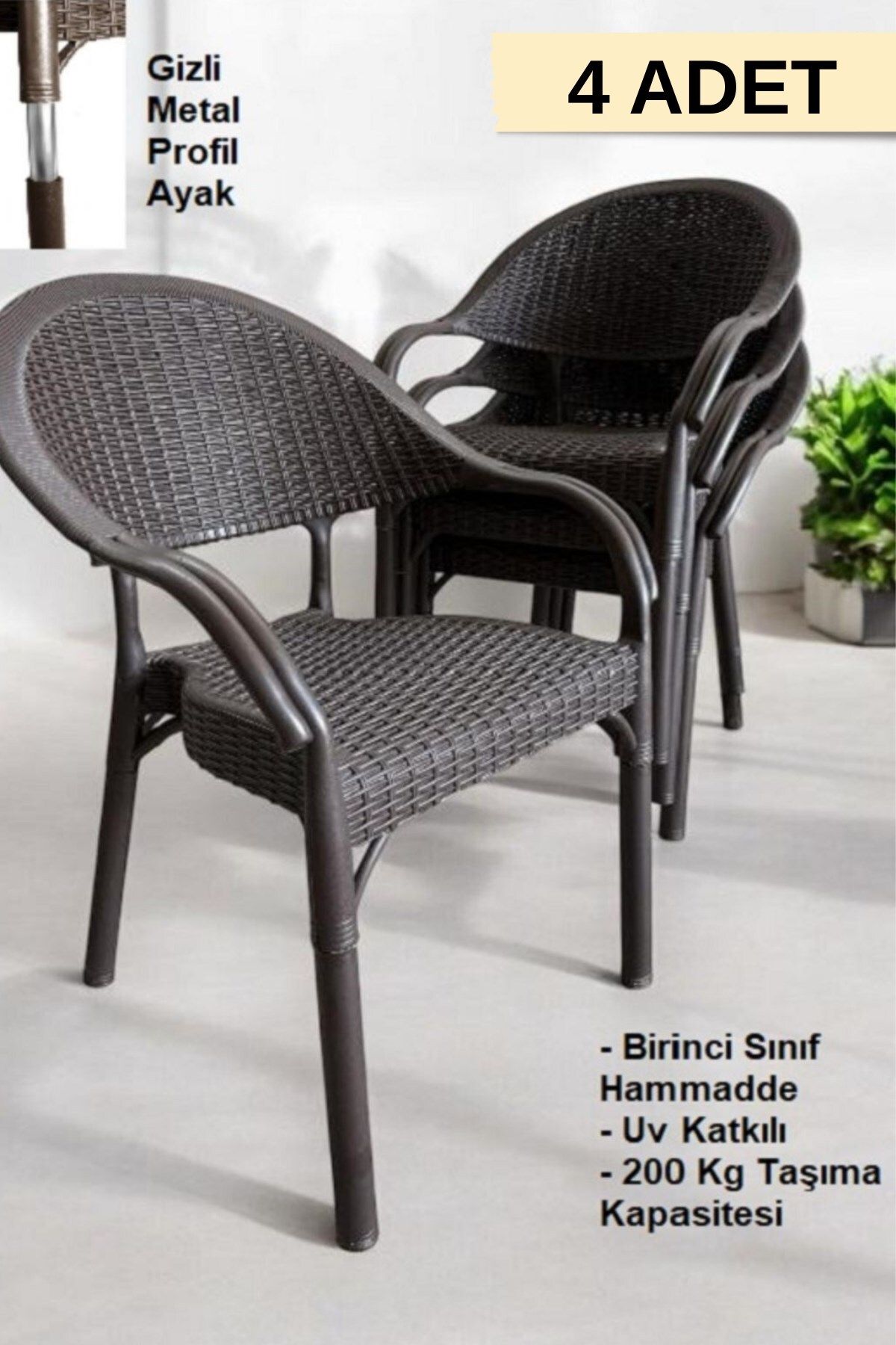 FURNLİNE MOBİLYA Furnline Mobilya Bambu Rattan Kollu Sandalye Koltuk 4'lü Set