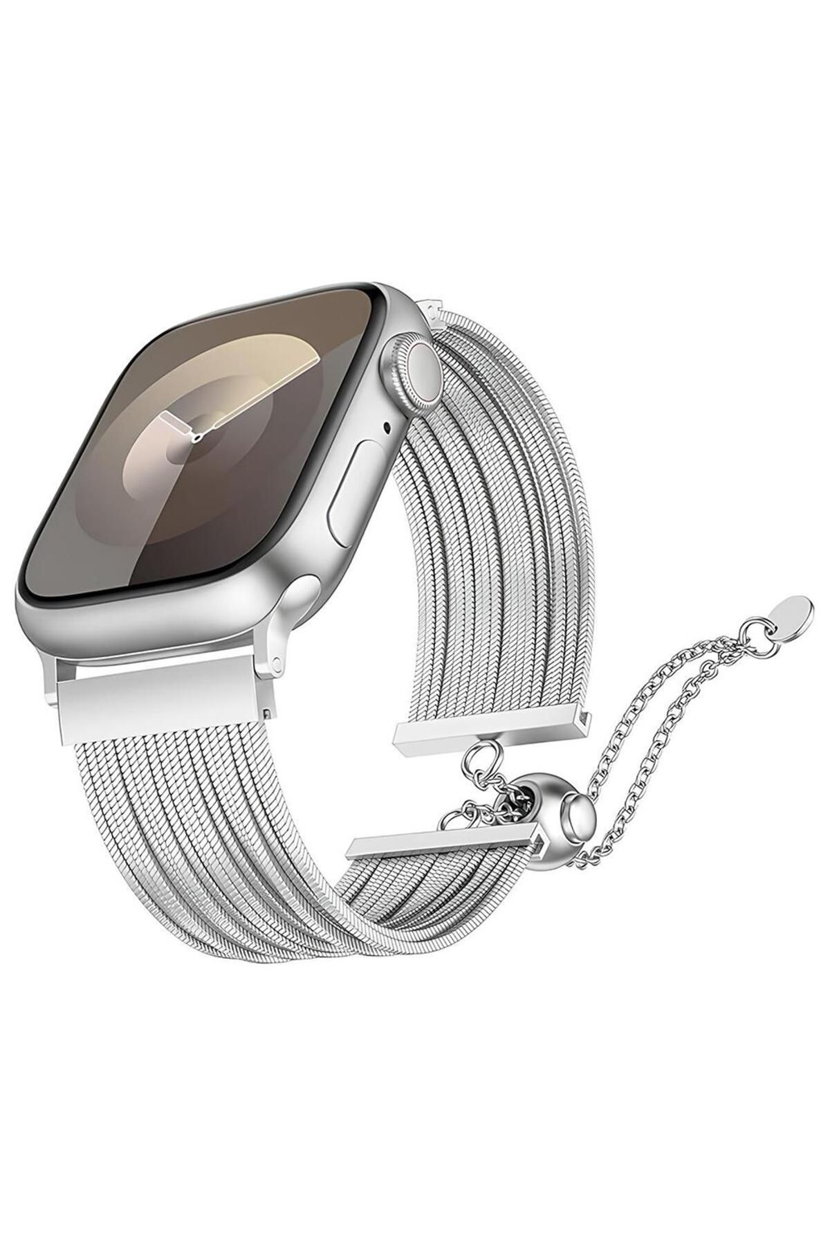 AktarMobile Apple Watch 10 42 mm Uyumlu Ayarlanabilir Zincirli Hasır Kordon Paslanmaz Çelik Şık Zarif Kayış