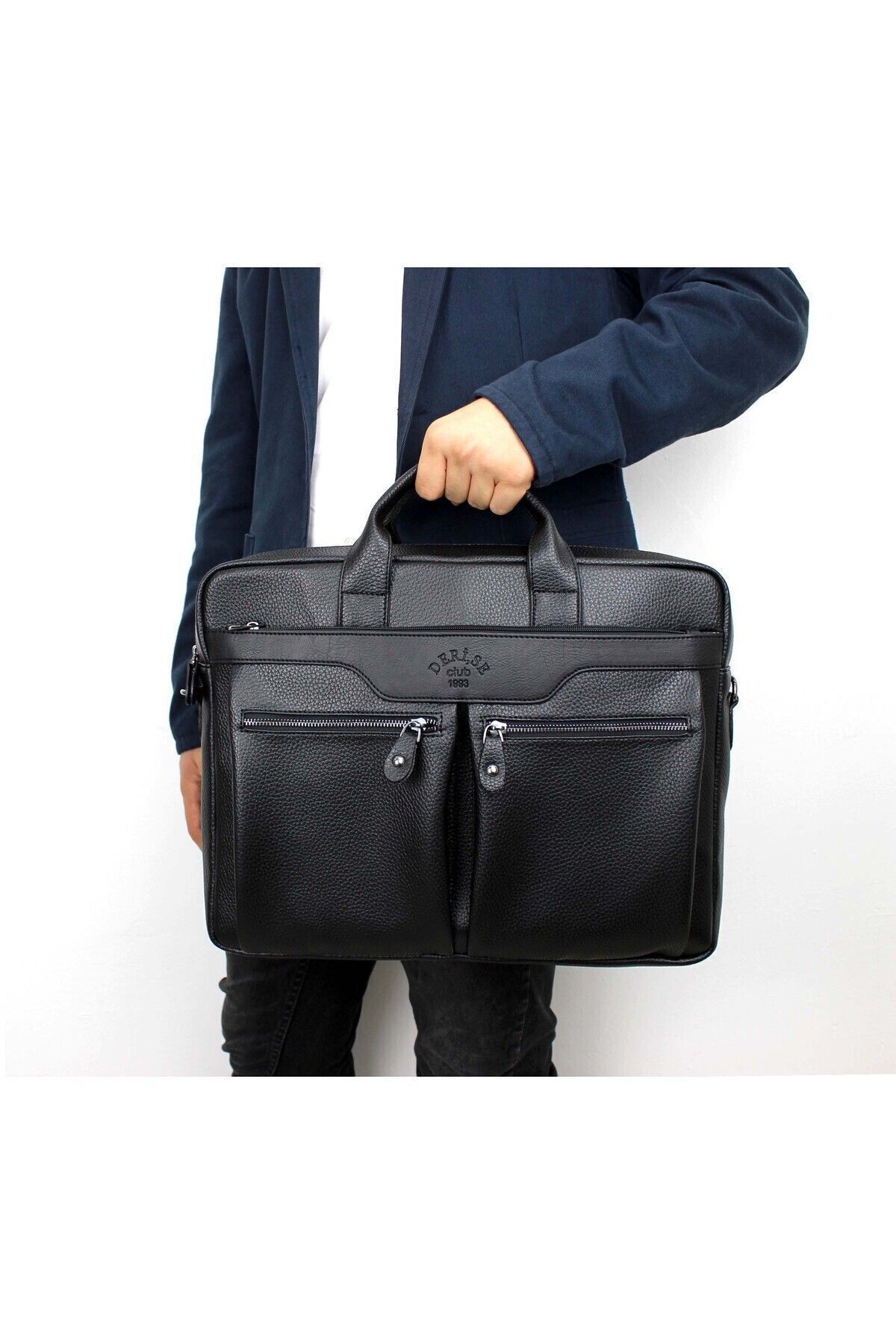 deri,se club-Men's Black Color File Briefcase with Shoulder Strap 6 Compartments Laptop and Briefcase 7
