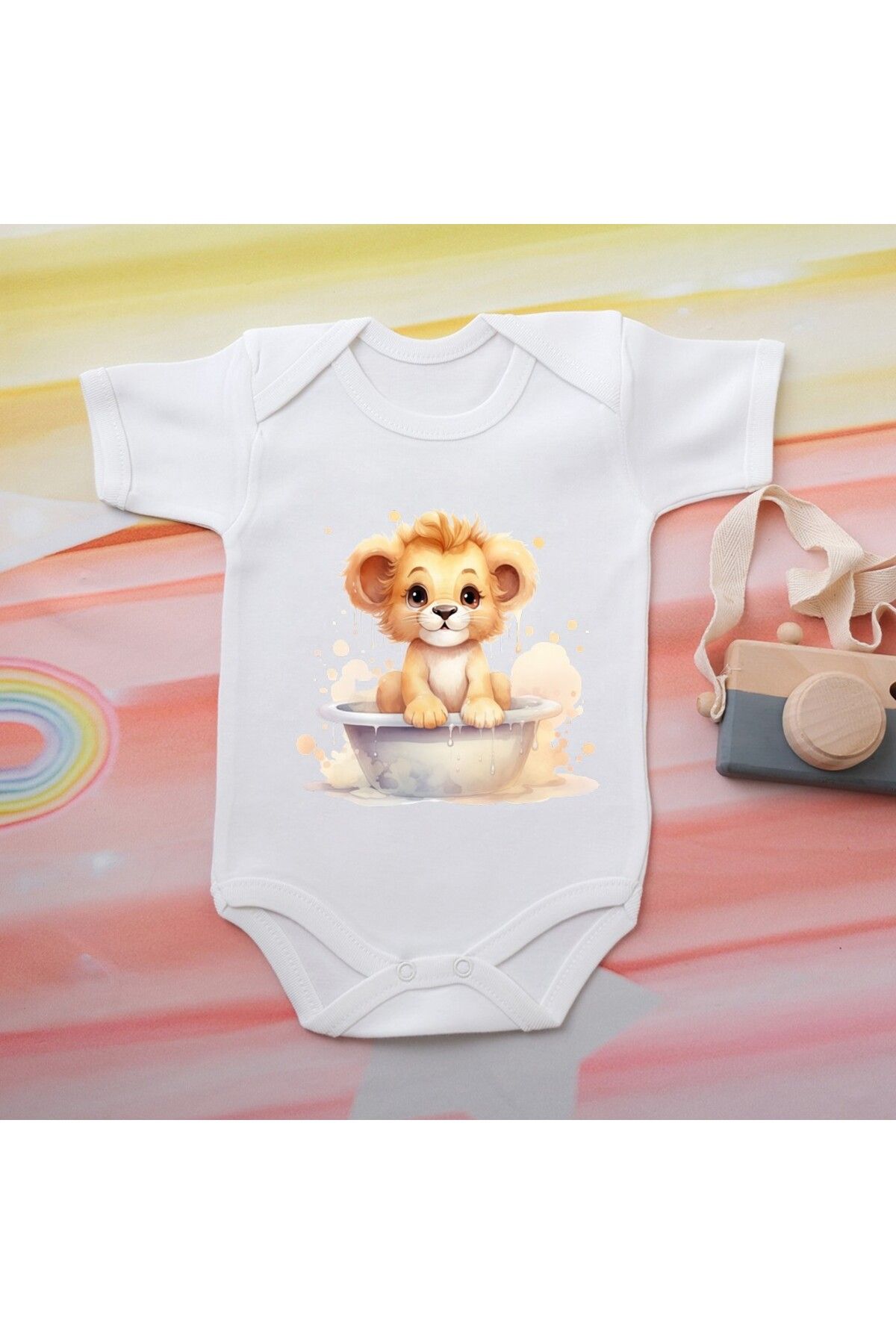 soft wing Organik Bebek Zıbını - Aslan Desenli, %100 Pamuk, Kısa Kollu