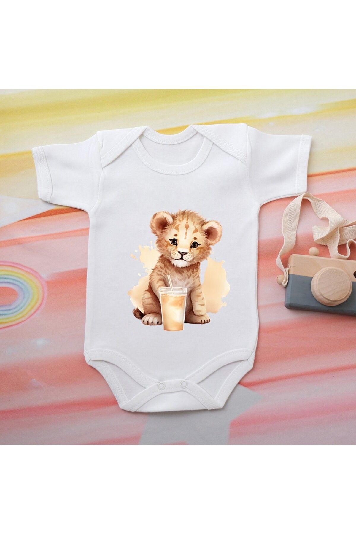 soft wing Aslan Desenli Bebek Zıbını - %100 Pamuk, Kısa Kollu, Bebek Giyim