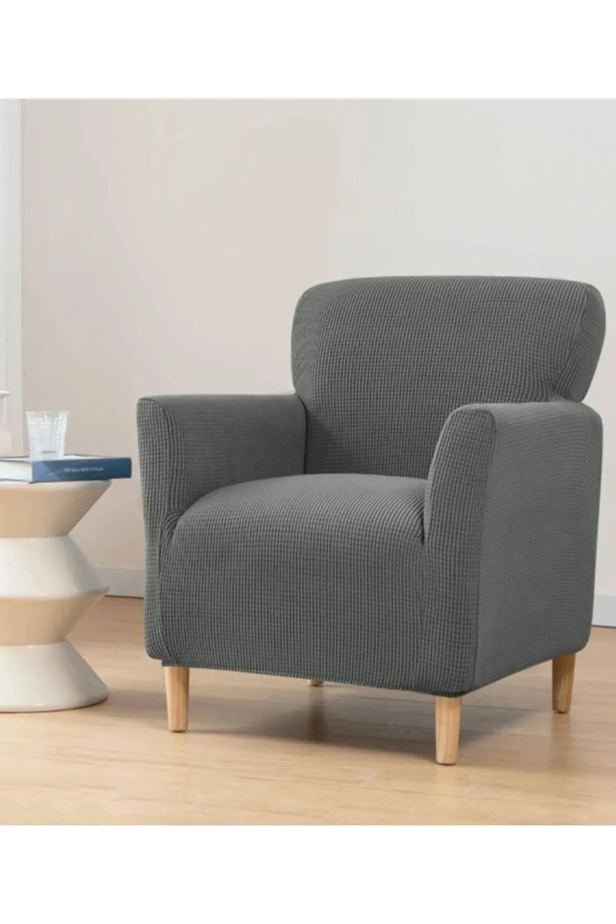 intil-Flexible Lycra Stretch - Square Patterned Single Armchair Kotuku (MINT) Sofa Cover 2