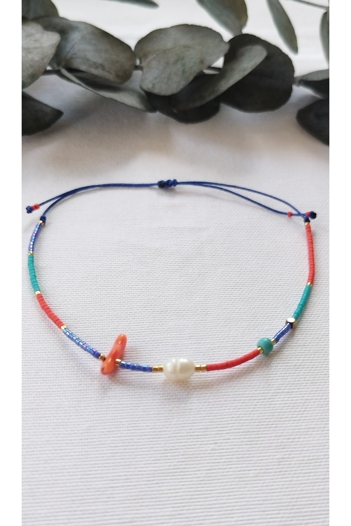 Miyuki Sequence Single Row Minimal Anklet Real Pearl, Turquoise and Coral Stone Detailed