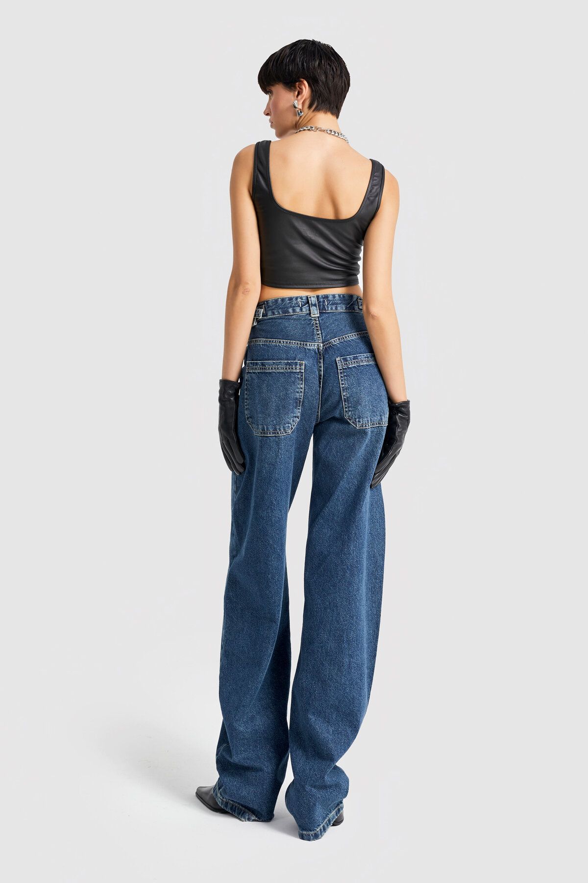 its basic-Blugi de damă Full Tint Color Lotus Cureaua reglabilă în talie Super lungi Jean largi 3