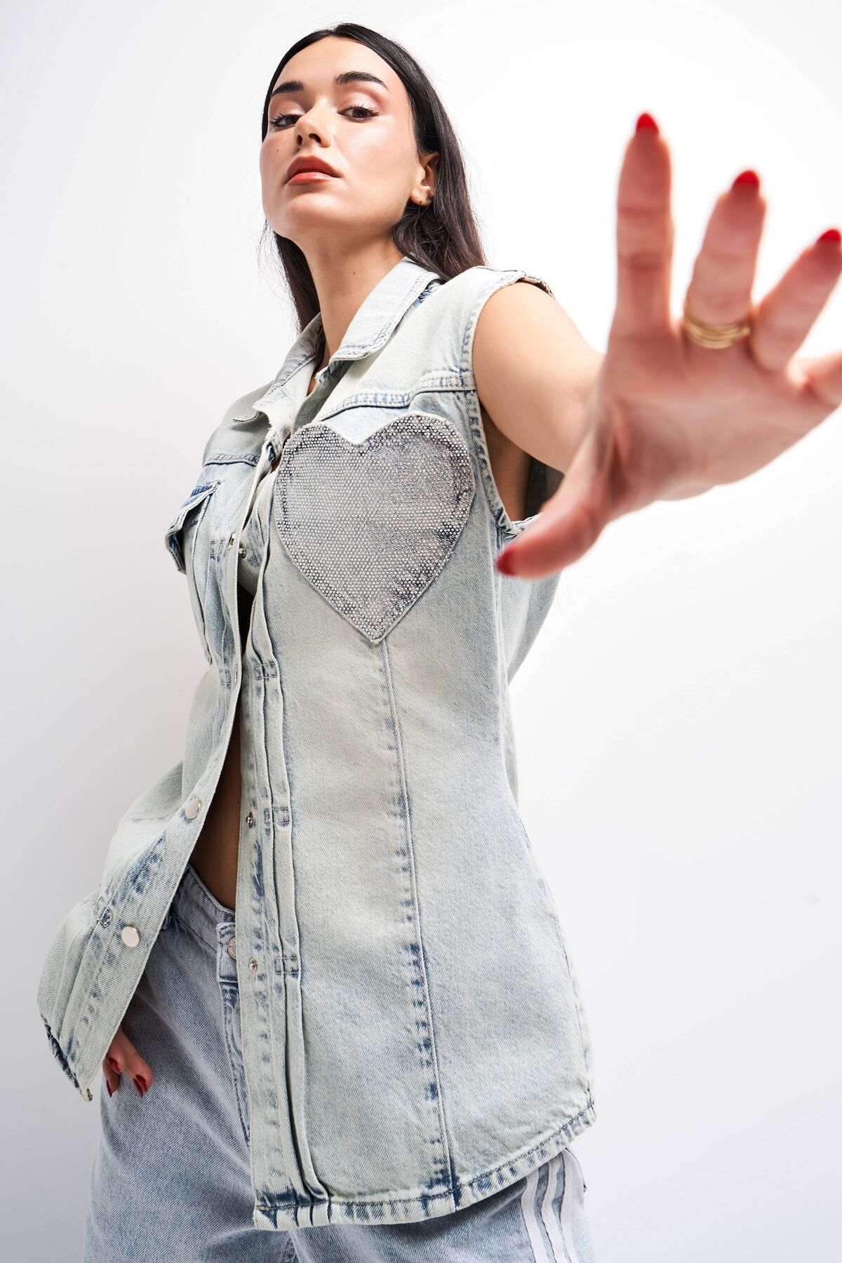 its basic-Shiny Stone Buzunar Detaliat Tint Jeans Culoare Lungă Femei Vestă Denim 4