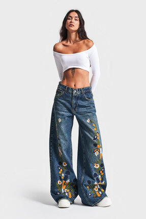 it's basic Kadın T.Kot Rengi Nakışlı Tasarım Palazzo Fit Denim Jean