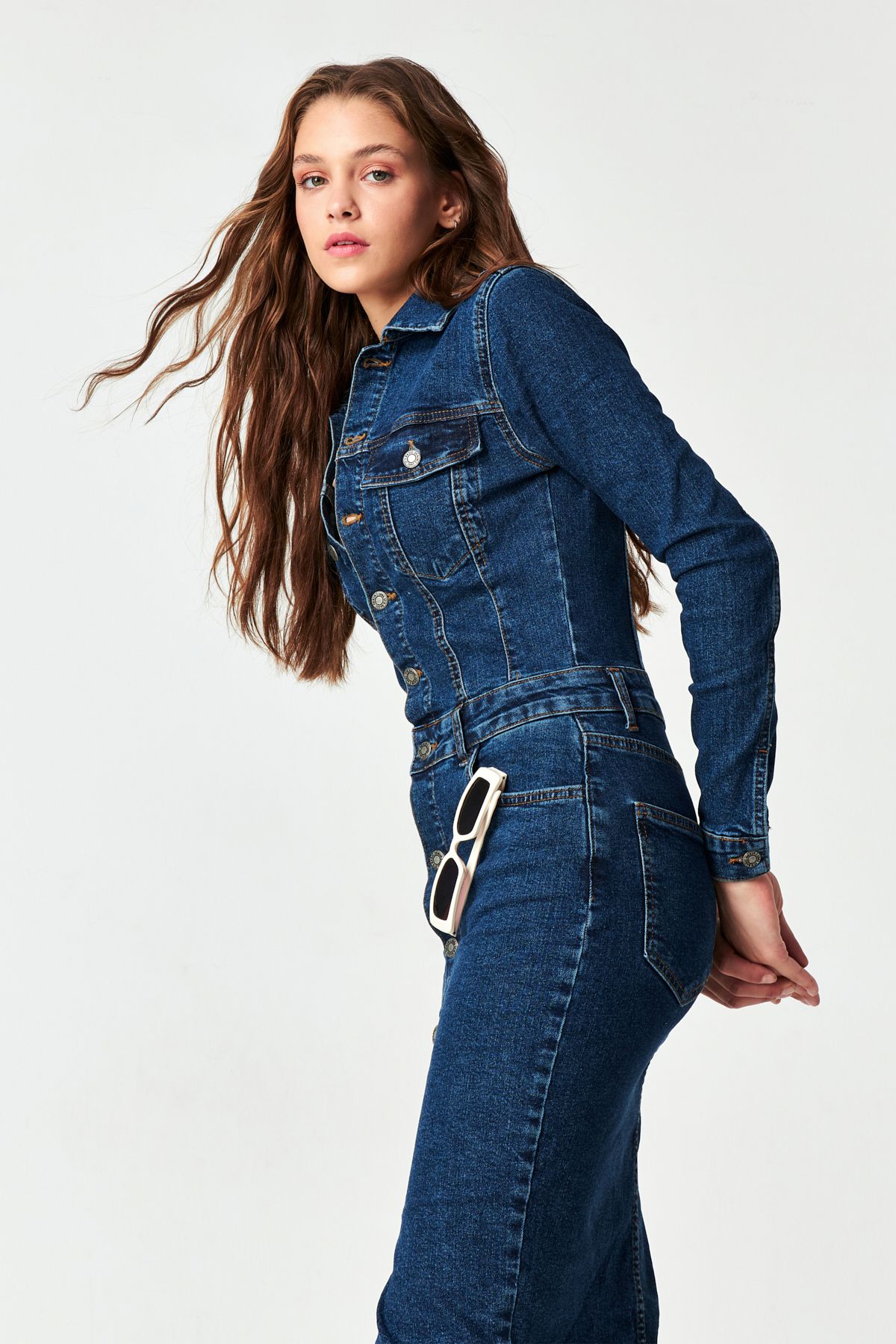 its basic-Women's Dark Blue Color Buttoned Long Denim Dress 5